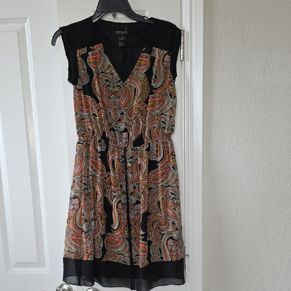 Enfocus Studio Orange, Pink and Black Pleated Sundress V-neck Sleeveless